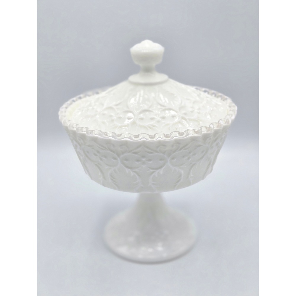 Vintage White Milk Glass Covered Compote - Grape & Vine Pattern - 9"‎ Tall